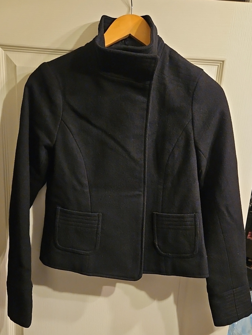 Old Navy Black Wool Blend Cropped Funnel-Neck Pea Coat-XS